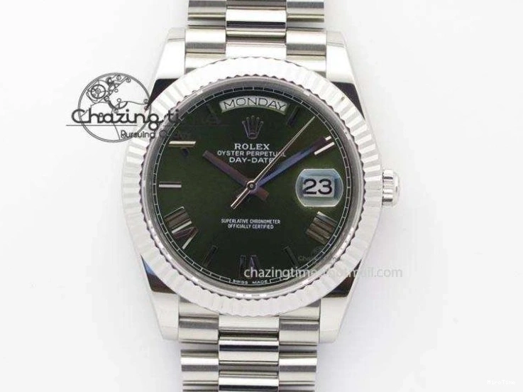 MiroTime 0508 Stretchable DayDate 40mm BP-Maker 228206 SS Green Roman Dial (Fluted Bezel) On SS Bracelet ETA 3904